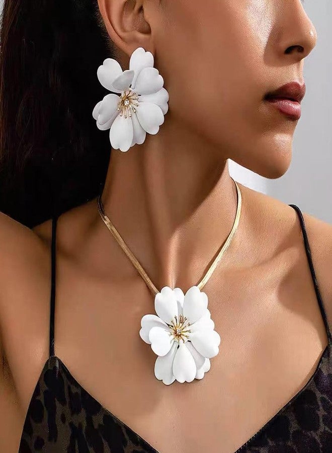 Dcfywl731 White Flower Earrings Necklace Set Floral Statement Earrings for Women Flower Wedding Jewelry Sets for Brides Wedding Guest Dresses for Women 2025 - Image 3