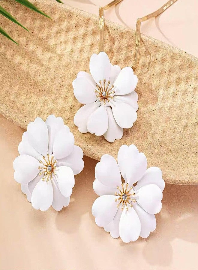 Dcfywl731 White Flower Earrings Necklace Set Floral Statement Earrings for Women Flower Wedding Jewelry Sets for Brides Wedding Guest Dresses for Women 2025 - Image 5