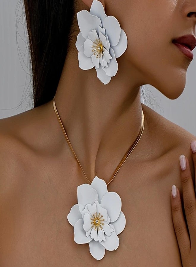 Dcfywl731 White Flower Earrings Necklace Set Floral Statement Earrings for Women Flower Wedding Jewelry Sets for Brides Wedding Guest Dresses for Women 2025 - Image 2