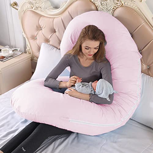 Linenovation Full Body Pregnancy Pillow Maternity Pillow for Pregnant Women C Shaped Body Pillow with 100 Cotton Pillow CoverPink - Image 2