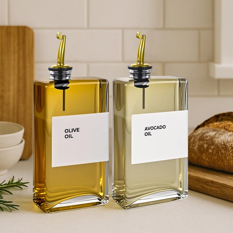 Spaceneat Olive Oil Dispenser Bottle - Includes 44 Kitchen Essential Labels - Cooking Oil Bottles for Kitchen, Coffee Syrup Dispenser - Pourer Spout with 11.8 fl oz Glass Container Cruet - 2pcs, Gold - Image 4