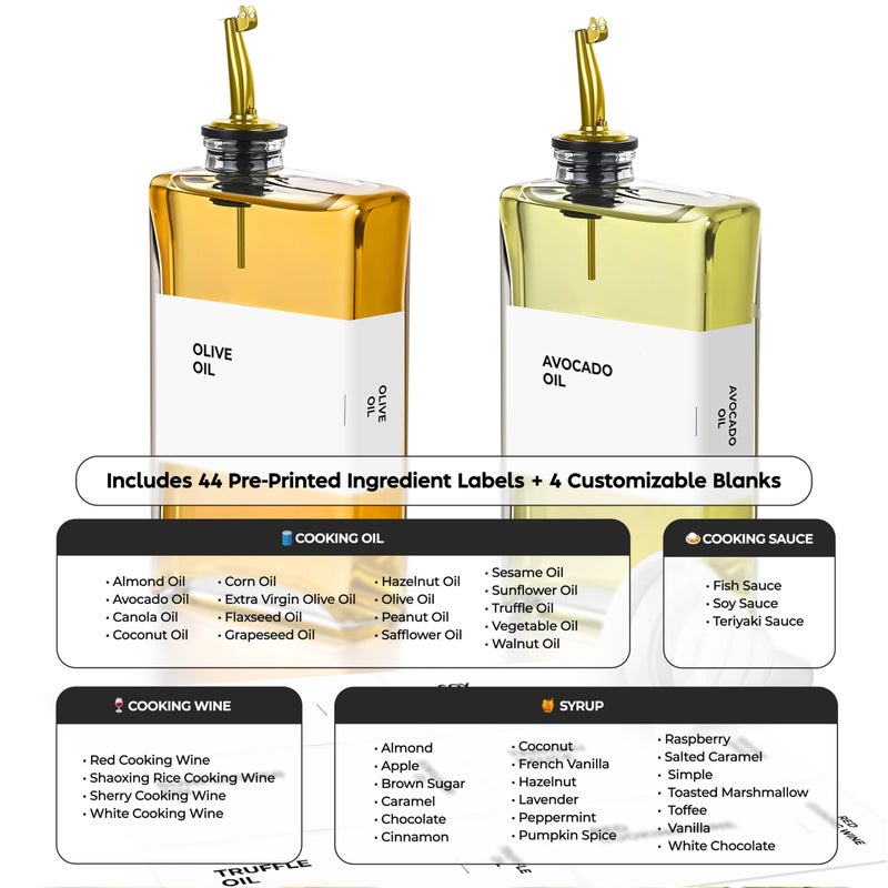 Spaceneat Olive Oil Dispenser Bottle - Includes 44 Kitchen Essential Labels - Cooking Oil Bottles for Kitchen, Coffee Syrup Dispenser - Pourer Spout with 11.8 fl oz Glass Container Cruet - 2pcs, Gold - Image 2