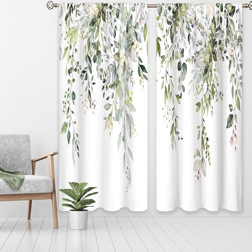 oolygoo Sage Green Eucalyptus Leaves Window Curtains Flower Watercolor Floral BotanicalPlant Wildflower Farmhouse Curtain Drapes Herb Curtains for Bedroom Living Room Treatment 2 Panels 52Wx84H Inch - Image 2