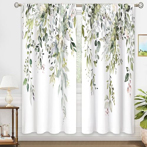 oolygoo Sage Green Eucalyptus Leaves Window Curtains Flower Watercolor Floral BotanicalPlant Wildflower Farmhouse Curtain Drapes Herb Curtains for Bedroom Living Room Treatment 2 Panels 52Wx84H Inch - Image 1