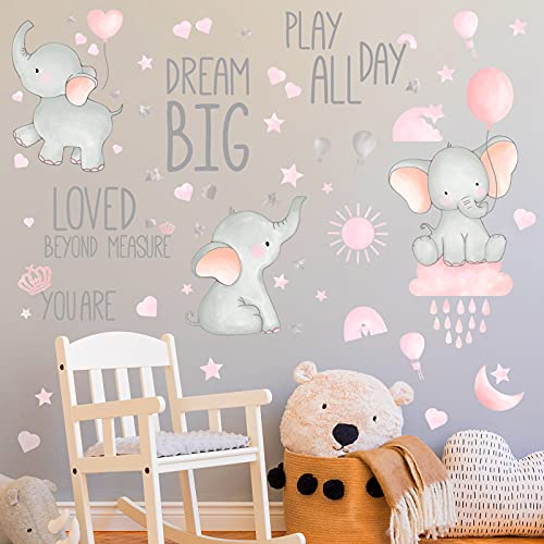 Outus 7 Pcs Dream Big Little One Elephant Nursery Wall Stickers Wall Decor Baby Room Moon Hot Air Balloon Pink Grey Stars Decals for Kids Living Room Bedroom Decorations Home Decor - Image 1