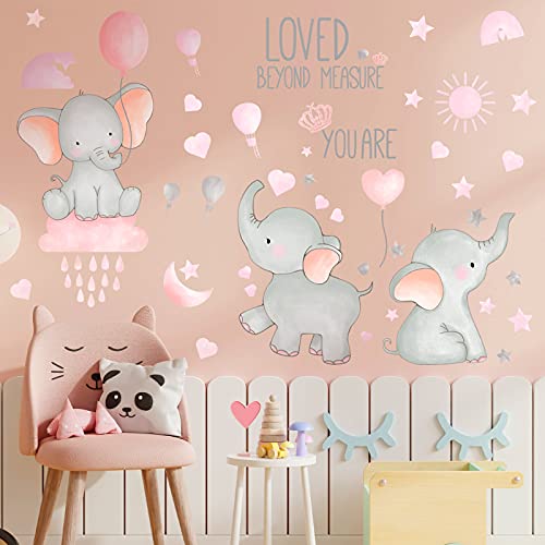 Outus 7 Pcs Dream Big Little One Elephant Nursery Wall Stickers Wall Decor Baby Room Moon Hot Air Balloon Pink Grey Stars Decals for Kids Living Room Bedroom Decorations Home Decor - Image 3