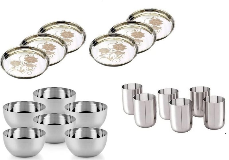 ASHMIK Dinner Set Including Full Plates, Bowls,Glass The Classic Essentials Dinner Stainless Steel 6 Plate, 6 Royal Glass and 6 Bowl Combo Set | Dinner Set for 18 Pcs - Image 2