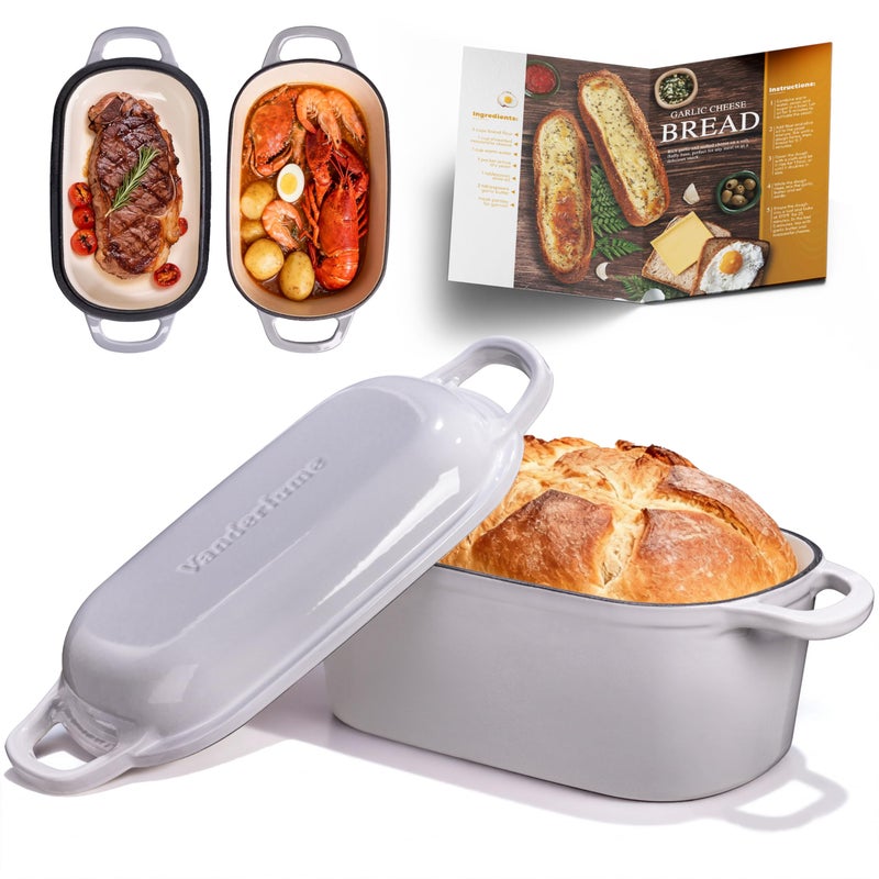 Vanderlume 4.6-Quart Oval Dutch Oven for Bread Baking, 2 in 1 Cast Iron Bread Pan with Lid, Sourdough Bread Dutch Oven for a Crispy Crust, Oyster Grey - Image 1