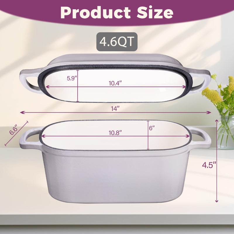 Vanderlume 4.6-Quart Oval Dutch Oven for Bread Baking, 2 in 1 Cast Iron Bread Pan with Lid, Sourdough Bread Dutch Oven for a Crispy Crust, Oyster Grey - Image 3