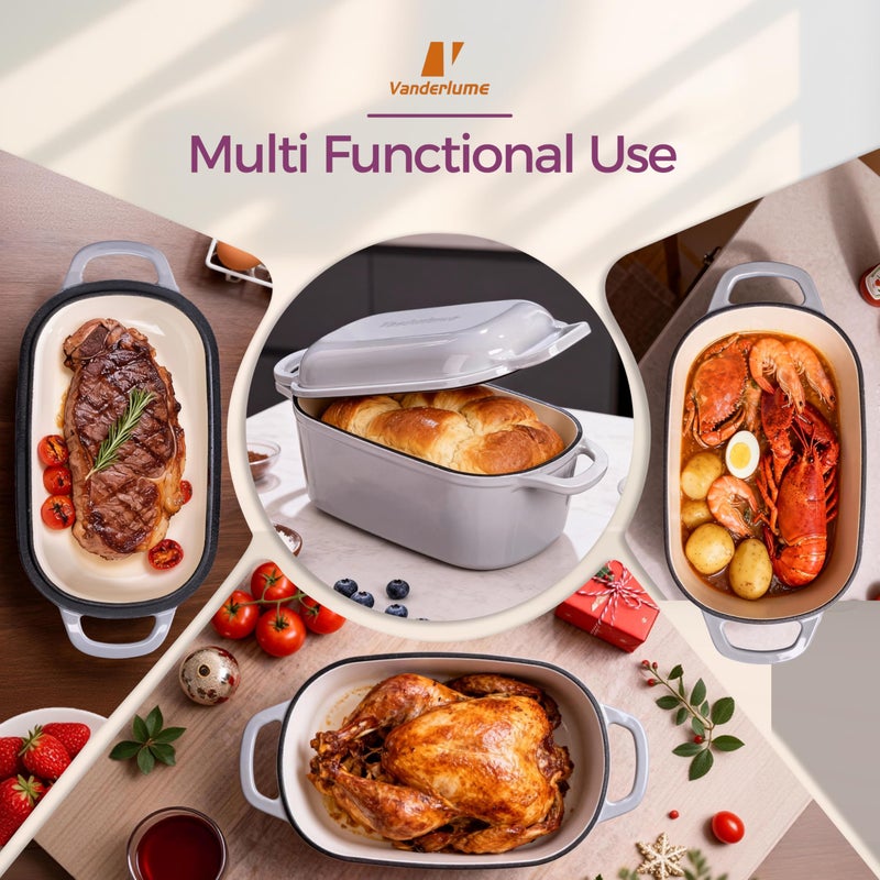 Vanderlume 4.6-Quart Oval Dutch Oven for Bread Baking, 2 in 1 Cast Iron Bread Pan with Lid, Sourdough Bread Dutch Oven for a Crispy Crust, Oyster Grey - Image 2
