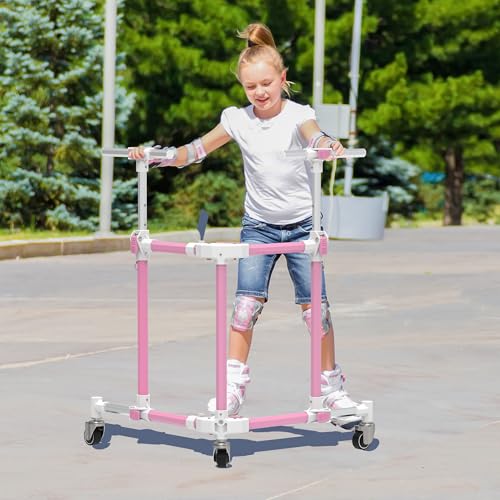 GanFindX Folding Skater Aid for Kids Roller Skating, Aluminum Roller Skate Trainer for Children Toddler Adjustable Height Training Walker (Pink - Image 3