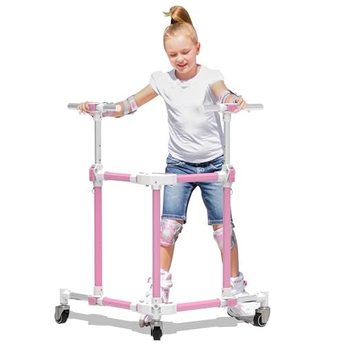GanFindX Folding Skater Aid for Kids Roller Skating, Aluminum Roller Skate Trainer for Children Toddler Adjustable Height Training Walker (Pink - Image 1