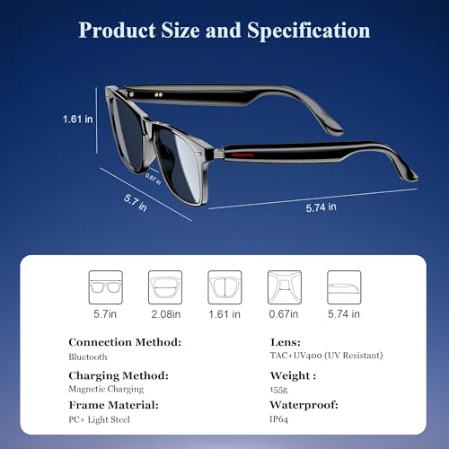 Blackview Smart Glasses, 5.3 Bluetooth Sunglasses with Open Ear Speaker, Voice Assistant Compatible, Blue Light Blocking Lens - Image 2