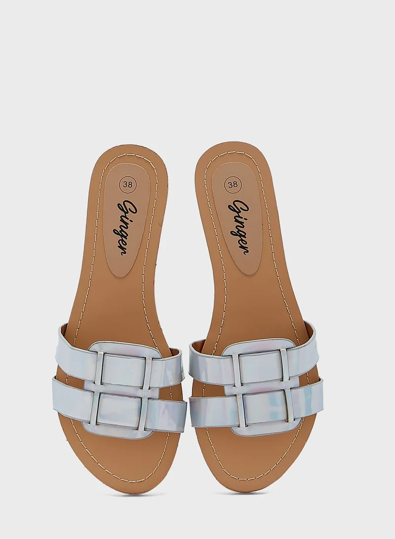 Ginger Iridescent Buckle Strap Flat Sandal