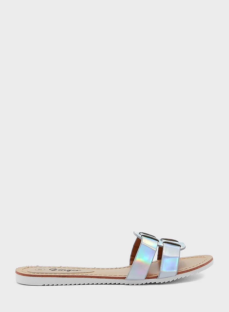 Ginger Iridescent Buckle Strap Flat Sandal