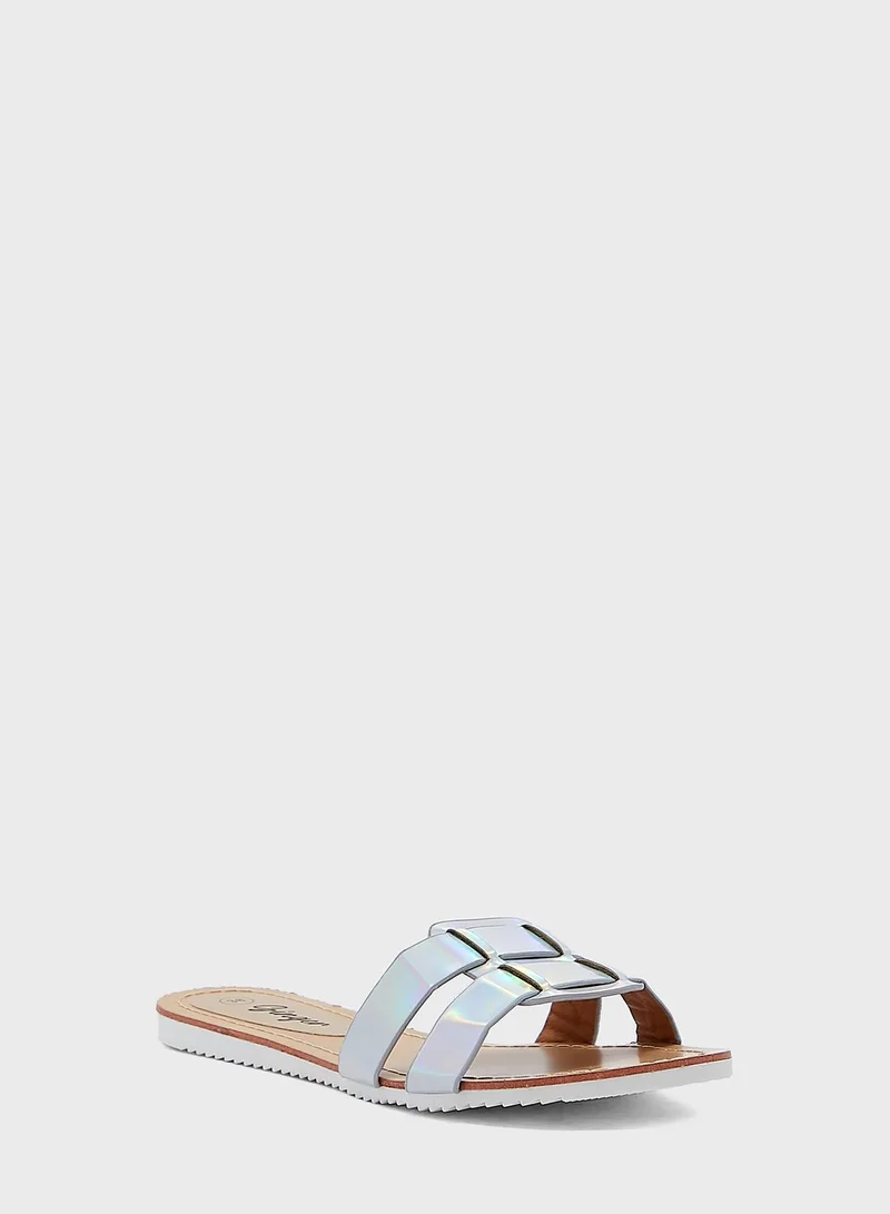 Ginger Iridescent Buckle Strap Flat Sandal