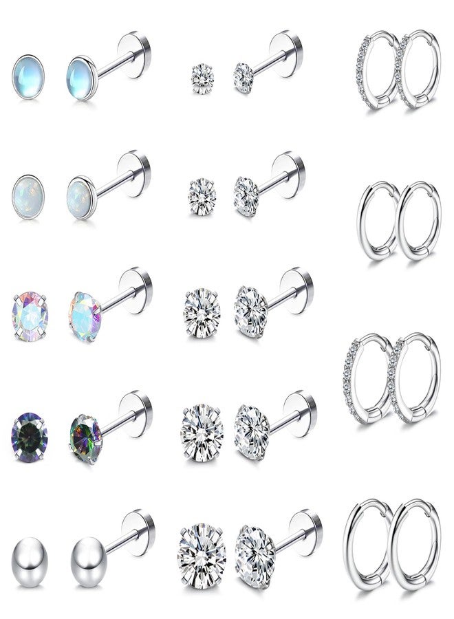 EIELO Surgical Steel Earrings for Sensitive Ears Hypoallergenic 20G Stainless Steel Stud Hoop Earrings for Women Men Flat Back Cartilage Earrings 14 Pairs - Image 1