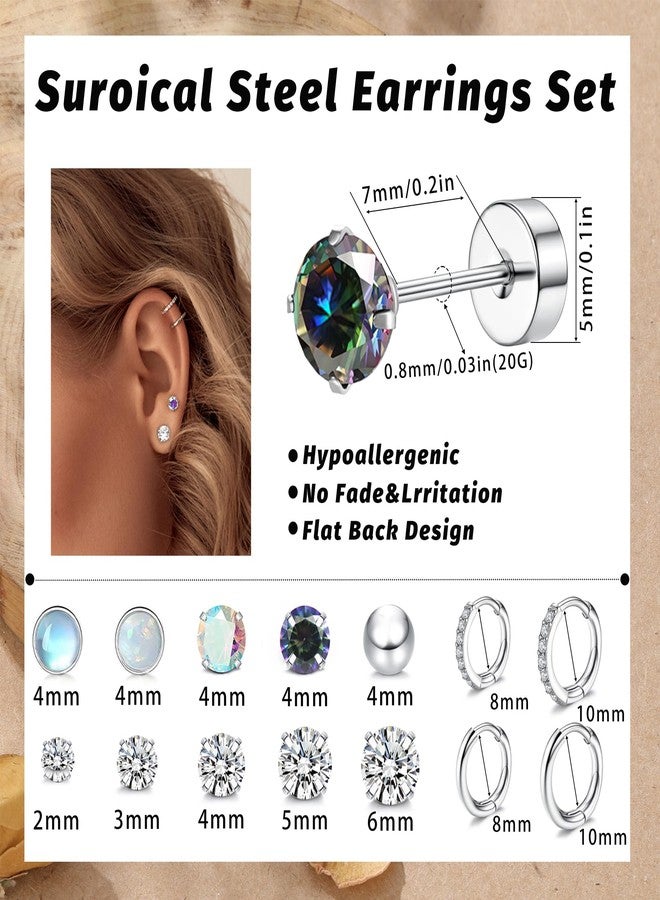 EIELO Surgical Steel Earrings for Sensitive Ears Hypoallergenic 20G Stainless Steel Stud Hoop Earrings for Women Men Flat Back Cartilage Earrings 14 Pairs - Image 2