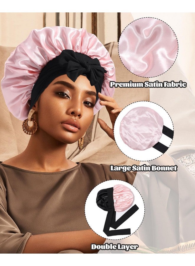 CHLINS Satin Bonnet Silk Bonnet for Sleeping Silk Sleep Cap Double Layer Hair Bonnet with Elastic Tie Band for Curly Hair Night Cap (Black + Peach Pink) - Image 4