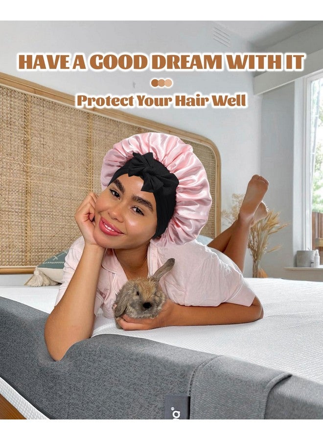 CHLINS Satin Bonnet Silk Bonnet for Sleeping Silk Sleep Cap Double Layer Hair Bonnet with Elastic Tie Band for Curly Hair Night Cap (Black + Peach Pink) - Image 5