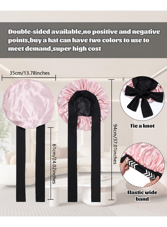 CHLINS Satin Bonnet Silk Bonnet for Sleeping Silk Sleep Cap Double Layer Hair Bonnet with Elastic Tie Band for Curly Hair Night Cap (Black + Peach Pink) - Image 3