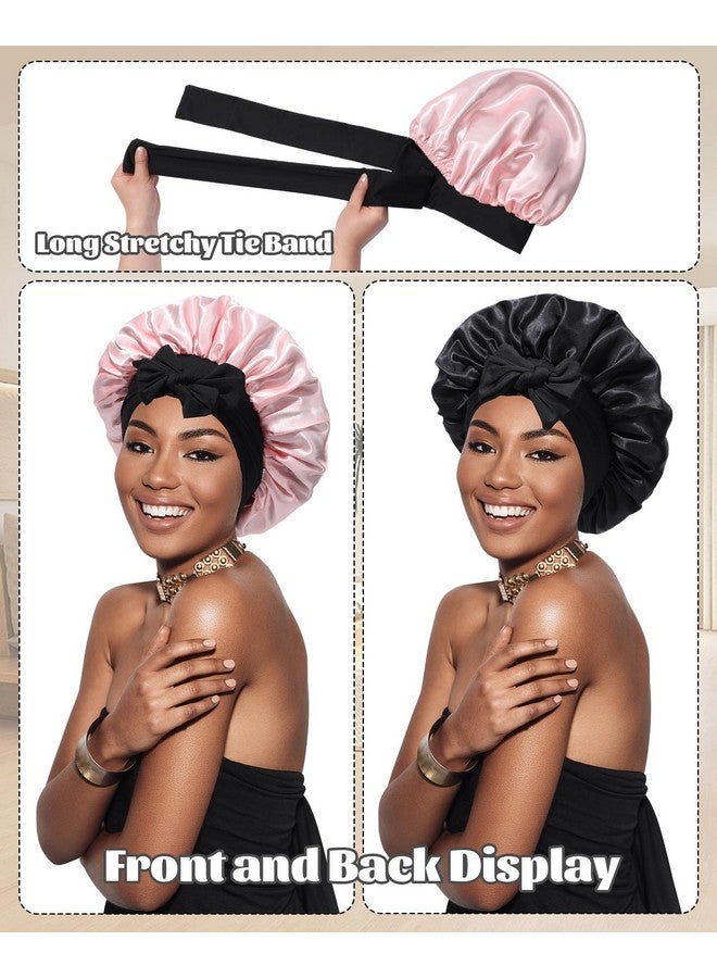 CHLINS Satin Bonnet Silk Bonnet for Sleeping Silk Sleep Cap Double Layer Hair Bonnet with Elastic Tie Band for Curly Hair Night Cap (Black + Peach Pink) - Image 2