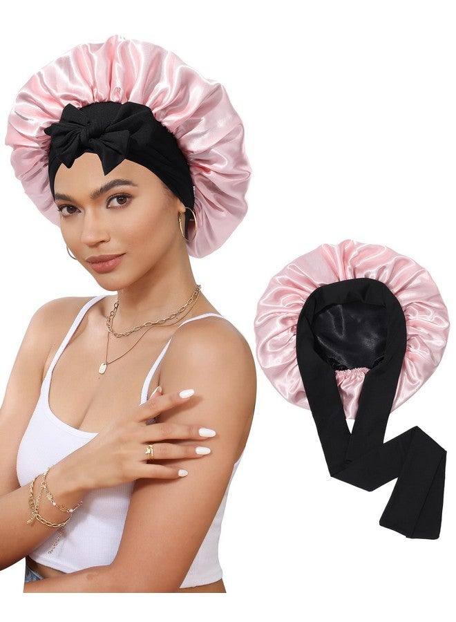 CHLINS Satin Bonnet Silk Bonnet for Sleeping Silk Sleep Cap Double Layer Hair Bonnet with Elastic Tie Band for Curly Hair Night Cap (Black + Peach Pink) - Image 1