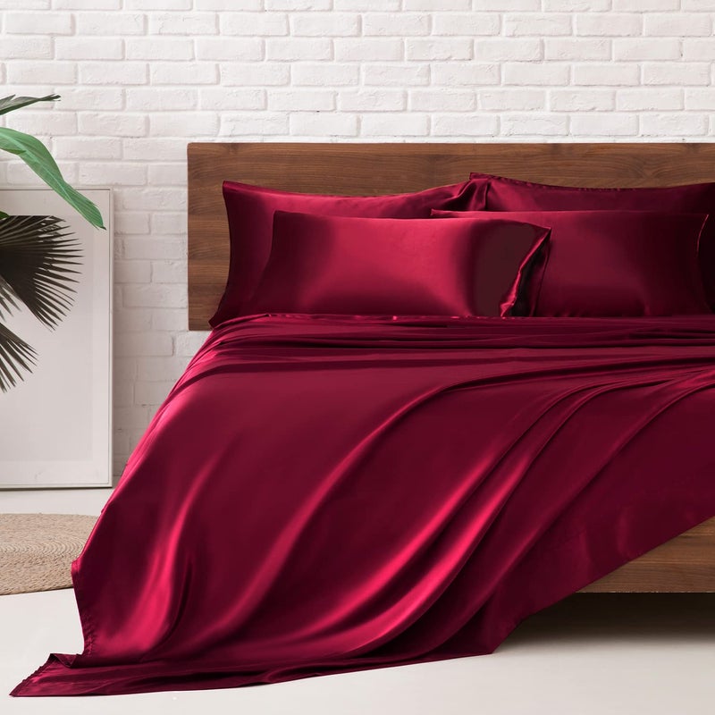 MRHM Satin Bed Sheets King Size Sheets Set 6 Pcs Silky Bedding Set with 15 Inches Deep Pocket for MattressKing Burgundy