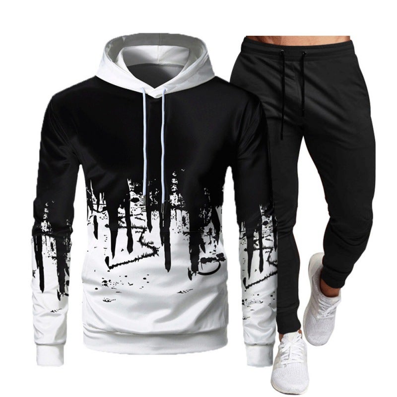Crazy muscle mens sports leisure hooded suit graffiti print slim fashion simple OM cross border suit Dark gray - Image 2