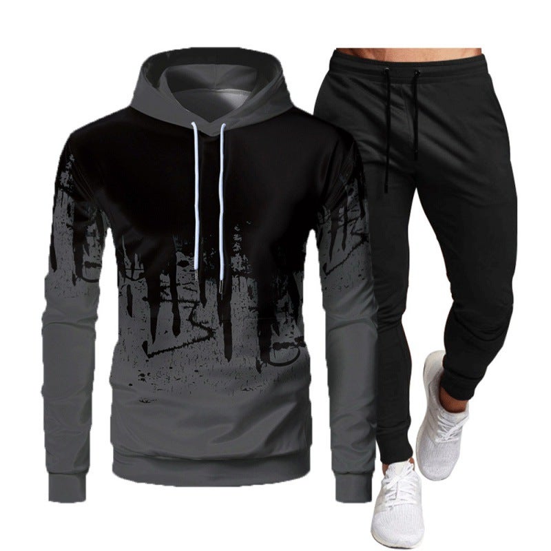 Crazy muscle mens sports leisure hooded suit graffiti print slim fashion simple OM cross border suit Dark gray - Image 1