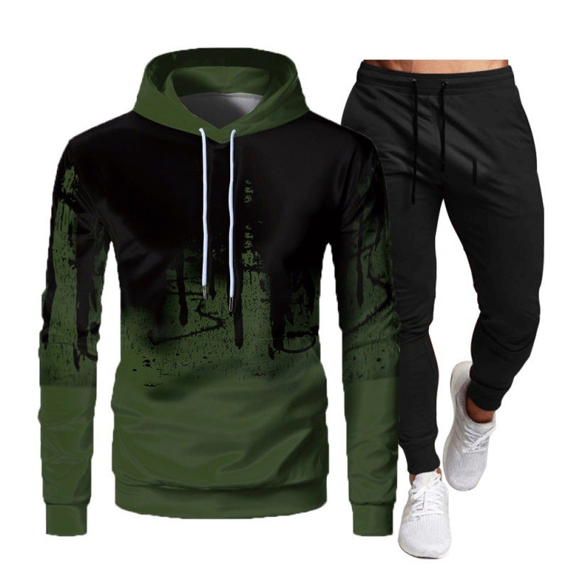 Crazy muscle mens sports leisure hooded suit graffiti print slim fashion simple OM cross border suit Dark gray - Image 4