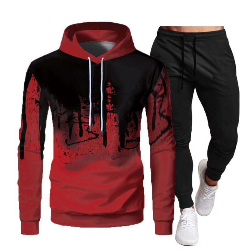 Crazy muscle mens sports leisure hooded suit graffiti print slim fashion simple OM cross border suit Dark gray - Image 5