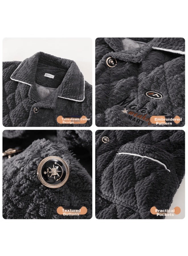 Zisehy Purple Floral Language Men's Three-layer Thickened Warm Coral Fleece Pajamas Autumn Winter High-end Homewear Black Gray L - Image 2
