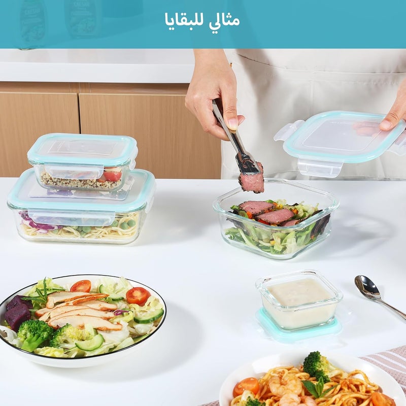 في توب مارت مجموعة من 8 عبوات زجاجية من لتخزين الطعام، عبوات زجاجية لتحضير الوجبات مع أغطية، صناديق غداء محكمة الإغلاق مزودة بأغطية مانعة للتسرب، مناسبة للميكروويف، للفرن، للتجميد، وآمنة للغسالة الصحية. - Image 5