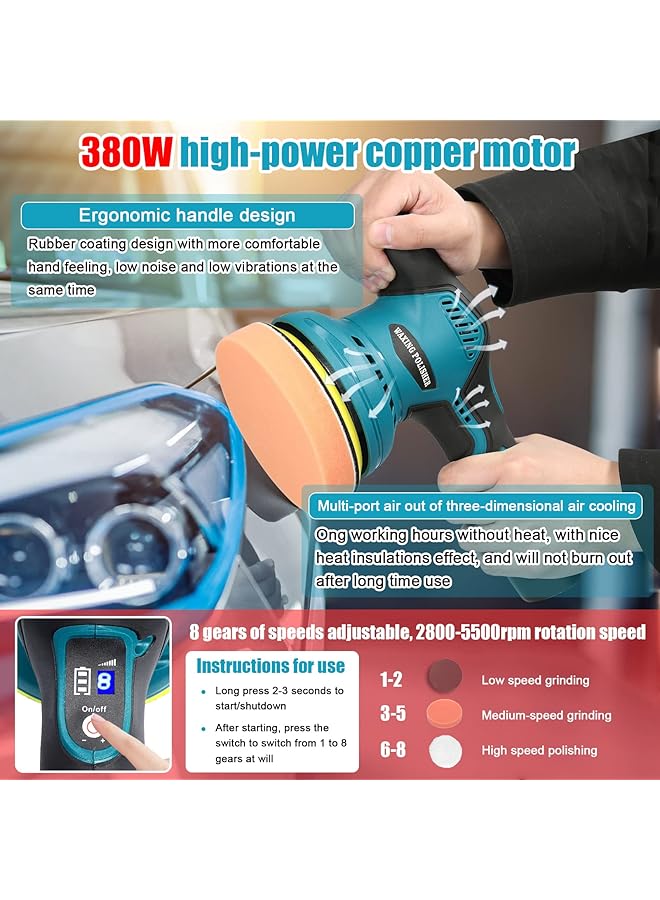 erorex Cordless Eccentric Car Polisher 8 Gears Of Speeds Adjustable Electric Auto Polishing Machine Multifunctional Metal Waxing Wood Grinding Rust Removal Machine - Image 3