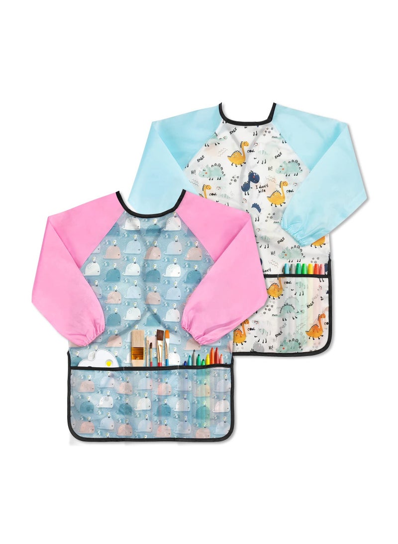 NIBEMINENT 2 Pack Kids Art Smock Waterproof Apron for Children Long Sleeves with 3 Pockets Painting Age 2-6 Years Gifts - Image 1