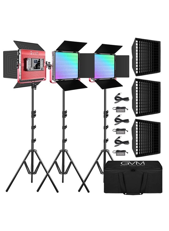 GVM 1200D PRO RGB LED Video Light with 3 Softboxes,50W Video Lighting Kit, 360°Full Color Led Video Lighting Kit with APP Control3 Packs Video Light, 3200K-5600K, Aluminum Alloy Shell, CRI 97