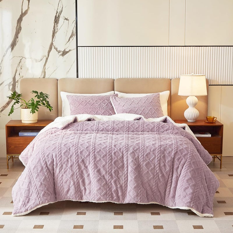 Joyreap 3-Piece Fluffy Faux Fur Sherpa Comforter Set Purple, King Size Luxury Tufted Bedding Comforter Set, All Season Soft n Cozy Plush Comforter Bed Set- 100x88 inches - Image 1