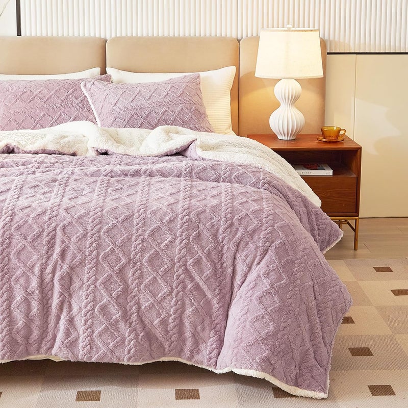 Joyreap 3-Piece Fluffy Faux Fur Sherpa Comforter Set Purple, King Size Luxury Tufted Bedding Comforter Set, All Season Soft n Cozy Plush Comforter Bed Set- 100x88 inches - Image 4