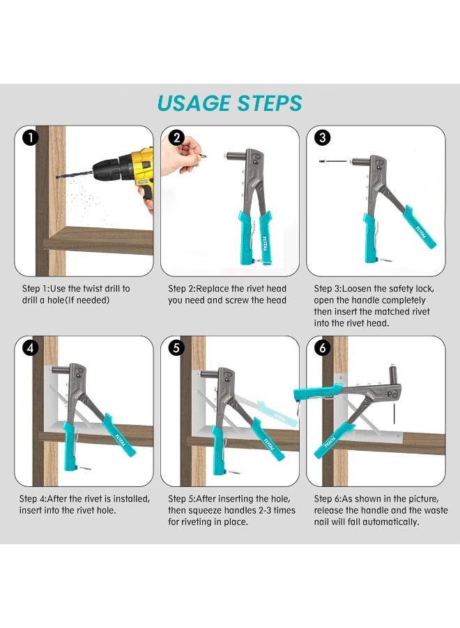 TOTAL Hand Riveter THT32108S 10.5 Inch Heavy Duty Rivet Gun Tool for Aluminum Rivets 2.4mm, 3.2mm, 4.0mm, 4.8mm Durable Tool Steel Body, Non-Slip PVC Handle, Quick Change Rivet Heads Ideal for Metalwork, Construction, Automotive & DIY - Image 3