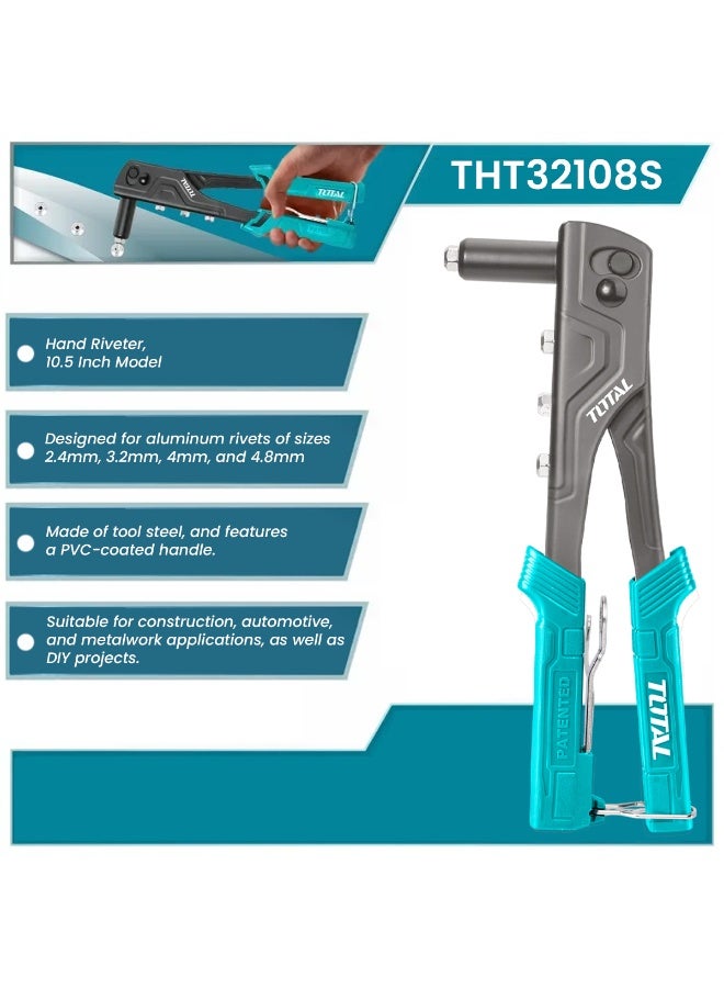 TOTAL Hand Riveter THT32108S 10.5 Inch Heavy Duty Rivet Gun Tool for Aluminum Rivets 2.4mm, 3.2mm, 4.0mm, 4.8mm Durable Tool Steel Body, Non-Slip PVC Handle, Quick Change Rivet Heads Ideal for Metalwork, Construction, Automotive & DIY - Image 4