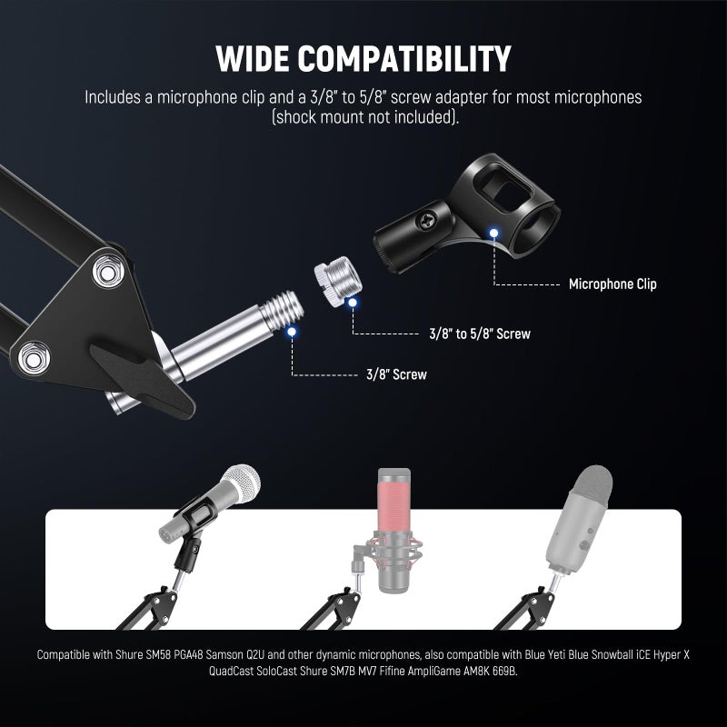 NEEWER Microphone Arm Stand, Suspension Scissor Boom Mic Arm Desk Mount with Clip & 3/8" to 5/8" Adapter Compatible with Blue Yeti Snowball HyperX QuadCast SoloCast Shure, Max Load 3.3 lbs, MS006 - Image 3
