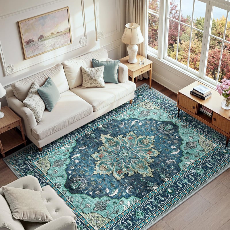 RELEANY Area Rugs 6'x9' Washable Non-Slip, Floral Vintage Distress Print Pattern Medallion Carpet for Living Room Bedroom Dining Room, Teal Green Lake Blue Turquoise - Image 1