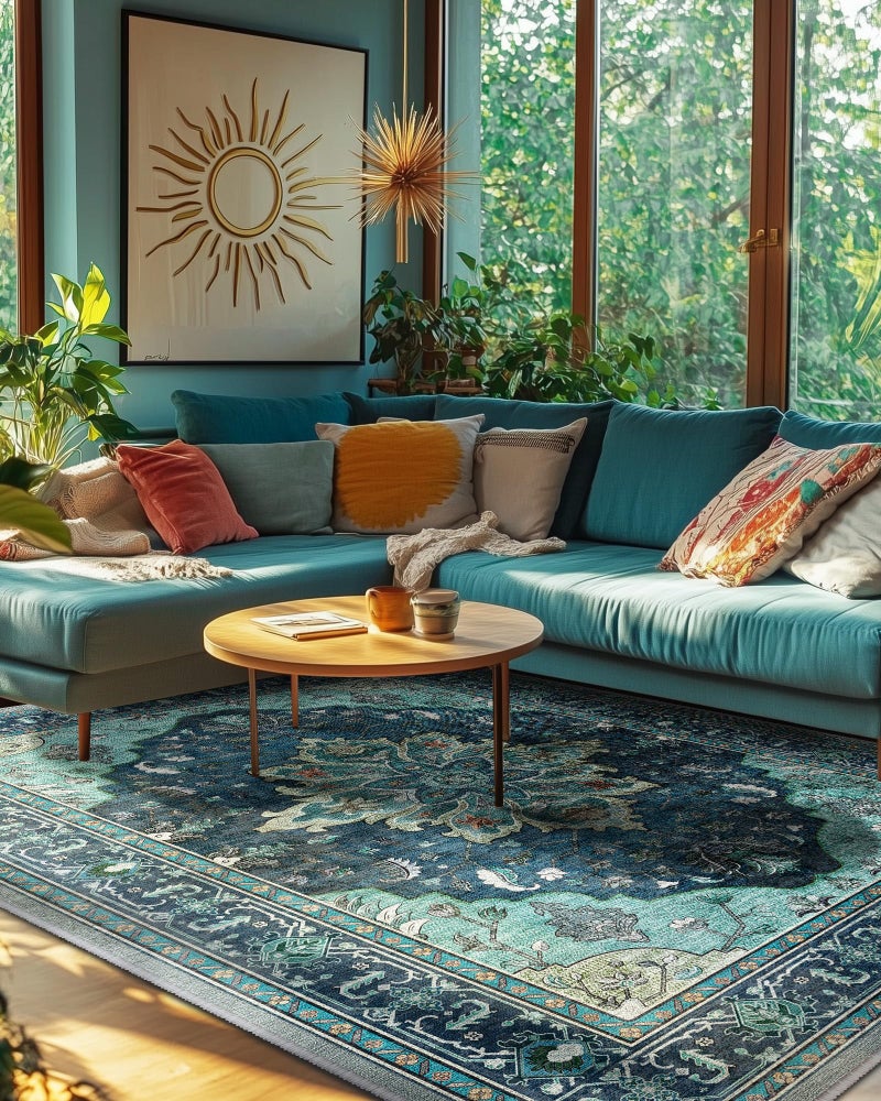 RELEANY Area Rugs 6'x9' Washable Non-Slip, Floral Vintage Distress Print Pattern Medallion Carpet for Living Room Bedroom Dining Room, Teal Green Lake Blue Turquoise - Image 4