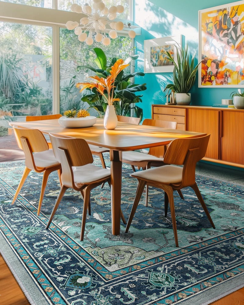 RELEANY Area Rugs 6'x9' Washable Non-Slip, Floral Vintage Distress Print Pattern Medallion Carpet for Living Room Bedroom Dining Room, Teal Green Lake Blue Turquoise - Image 2