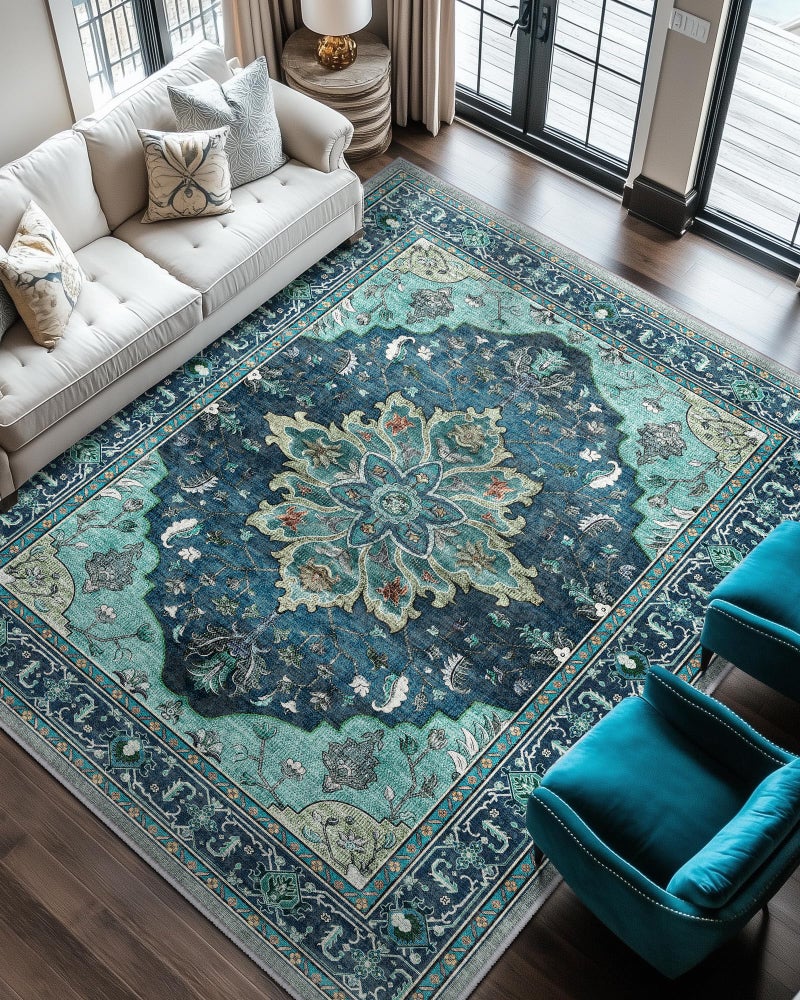 RELEANY Area Rugs 6'x9' Washable Non-Slip, Floral Vintage Distress Print Pattern Medallion Carpet for Living Room Bedroom Dining Room, Teal Green Lake Blue Turquoise - Image 5