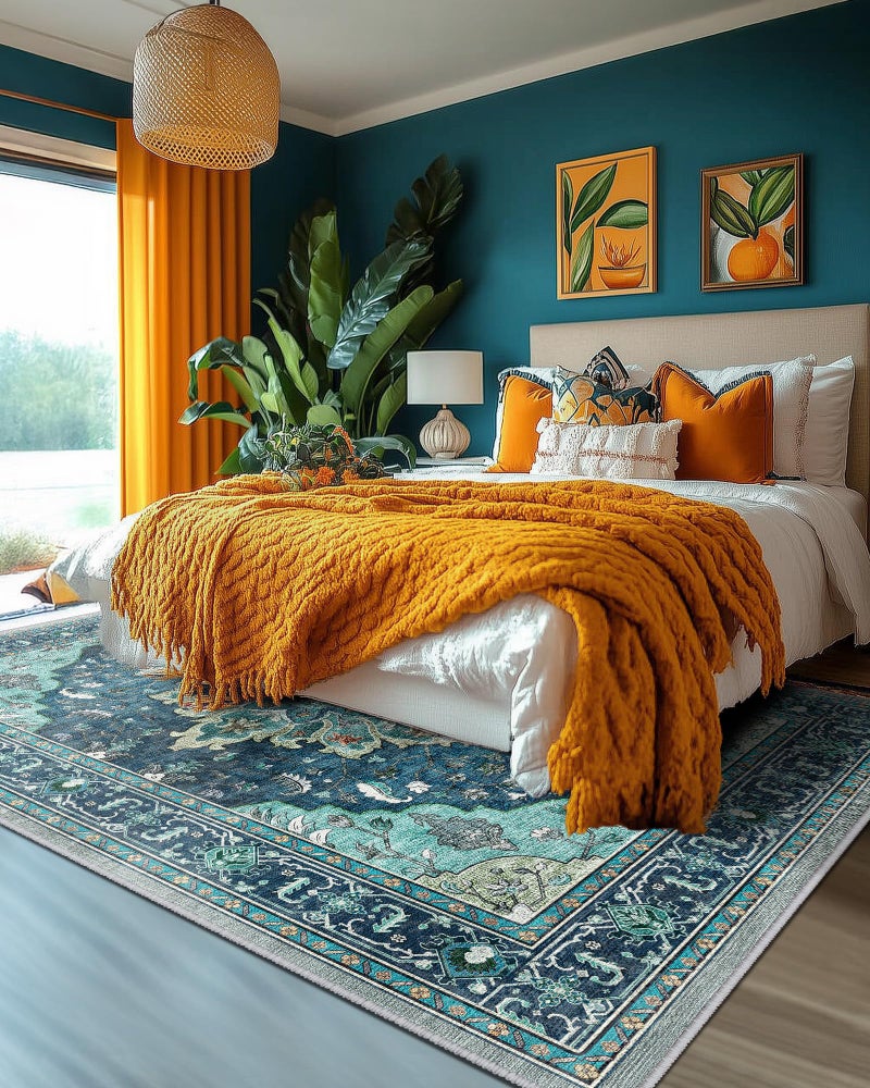 RELEANY Area Rugs 6'x9' Washable Non-Slip, Floral Vintage Distress Print Pattern Medallion Carpet for Living Room Bedroom Dining Room, Teal Green Lake Blue Turquoise - Image 3