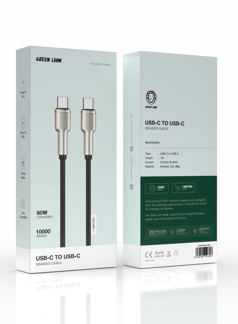GREEN LION USB-C to USB-C Braided Zinc Alloy Cable 60W / High Transfer Speed / Wide Compatible / Auto Disconnect / Charge & Sync / LED Indicator / Secure & Safe / 1 Meter Cable / 10000 Bends - Black - Image 2