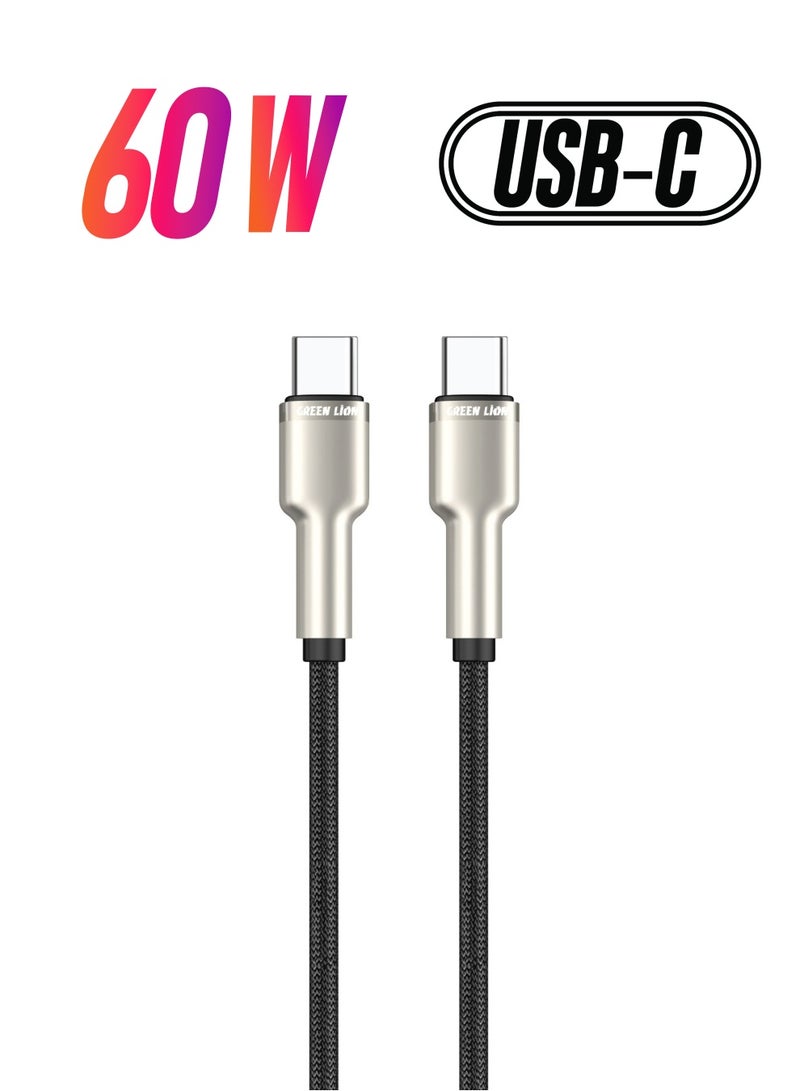 GREEN LION USB-C to USB-C Braided Zinc Alloy Cable 60W / High Transfer Speed / Wide Compatible / Auto Disconnect / Charge & Sync / LED Indicator / Secure & Safe / 1 Meter Cable / 10000 Bends - Black - Image 1