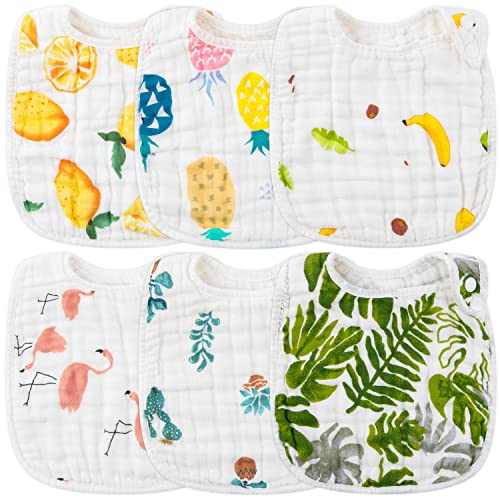Zainpe 6Pcs Snap Muslin Cotton Bibs for Baby Lemon Flamingo Leaf Pineapple Bib with 6 Absorbent & Soft Layers Machine Washable Adjustable Burp Cloth for Drooling Eating and Teething - Image 1